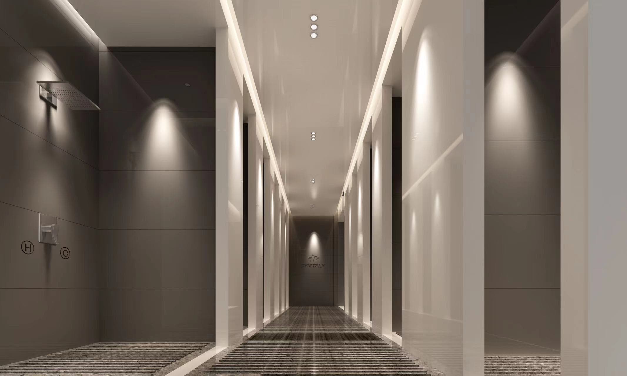 Coridor minimalist cu iluminare arhitecturală